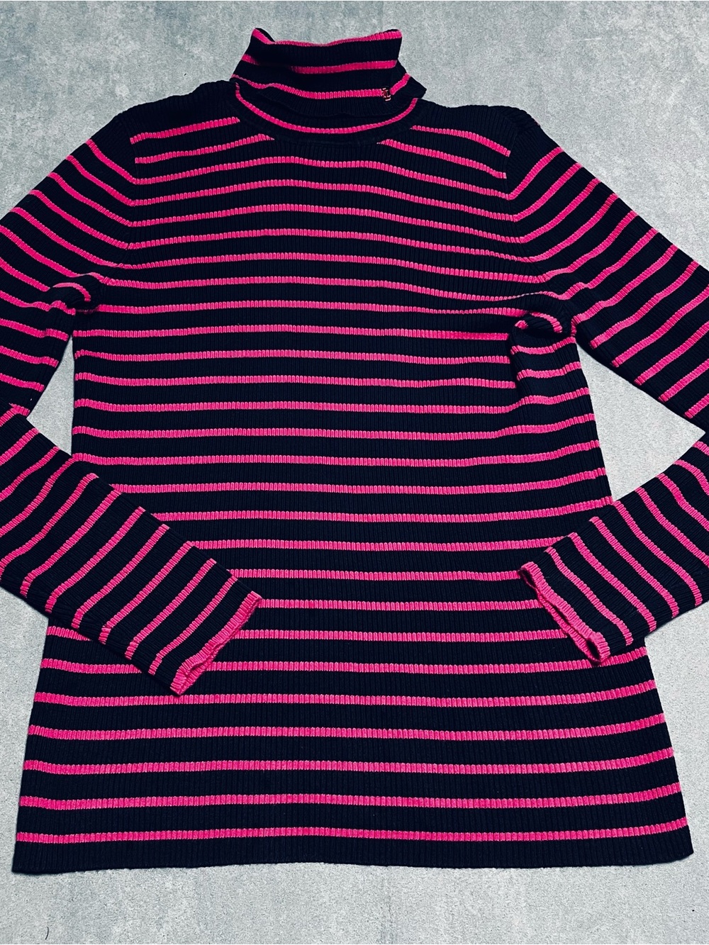 Ralph Lauren Sweater XL Navy Pink Striped Ribbed Turtleneck 100% Cotton Preppy
